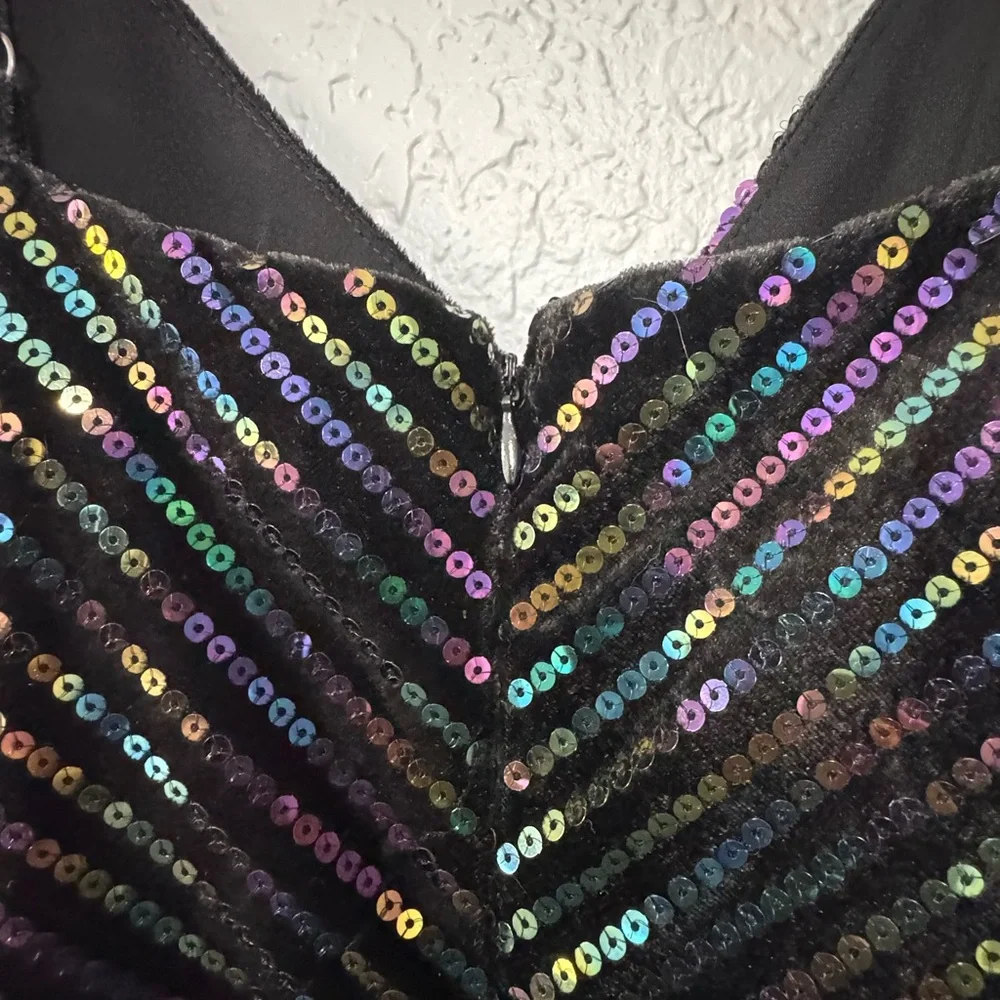 Dress the Population Black Iridescent Sequin and Velvet V-Neck Mini Dress - Picture 3 of 5